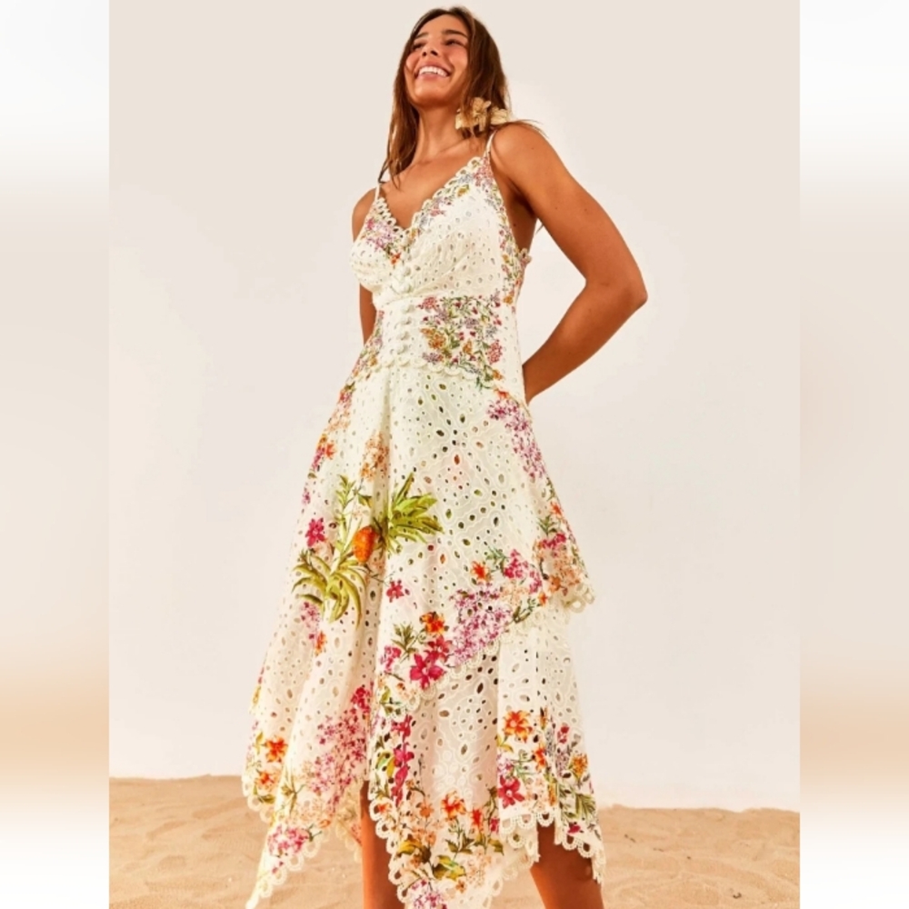 Farm Rio Delicate Forest Scarves Midi Dress L Eyelet Lace Asymmetric Hi Low